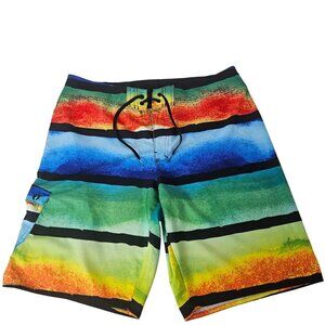 Hang Ten Men's Vibrant Rainbow Stripe Board Shorts Size 38 Beach Summer Casual